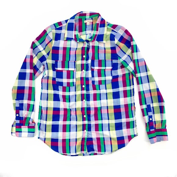 Women's Gap Long Sleeve‎ Button Down Multicolor Plaid Shirt Sz XS Collared Sheer - Picture 1 of 8